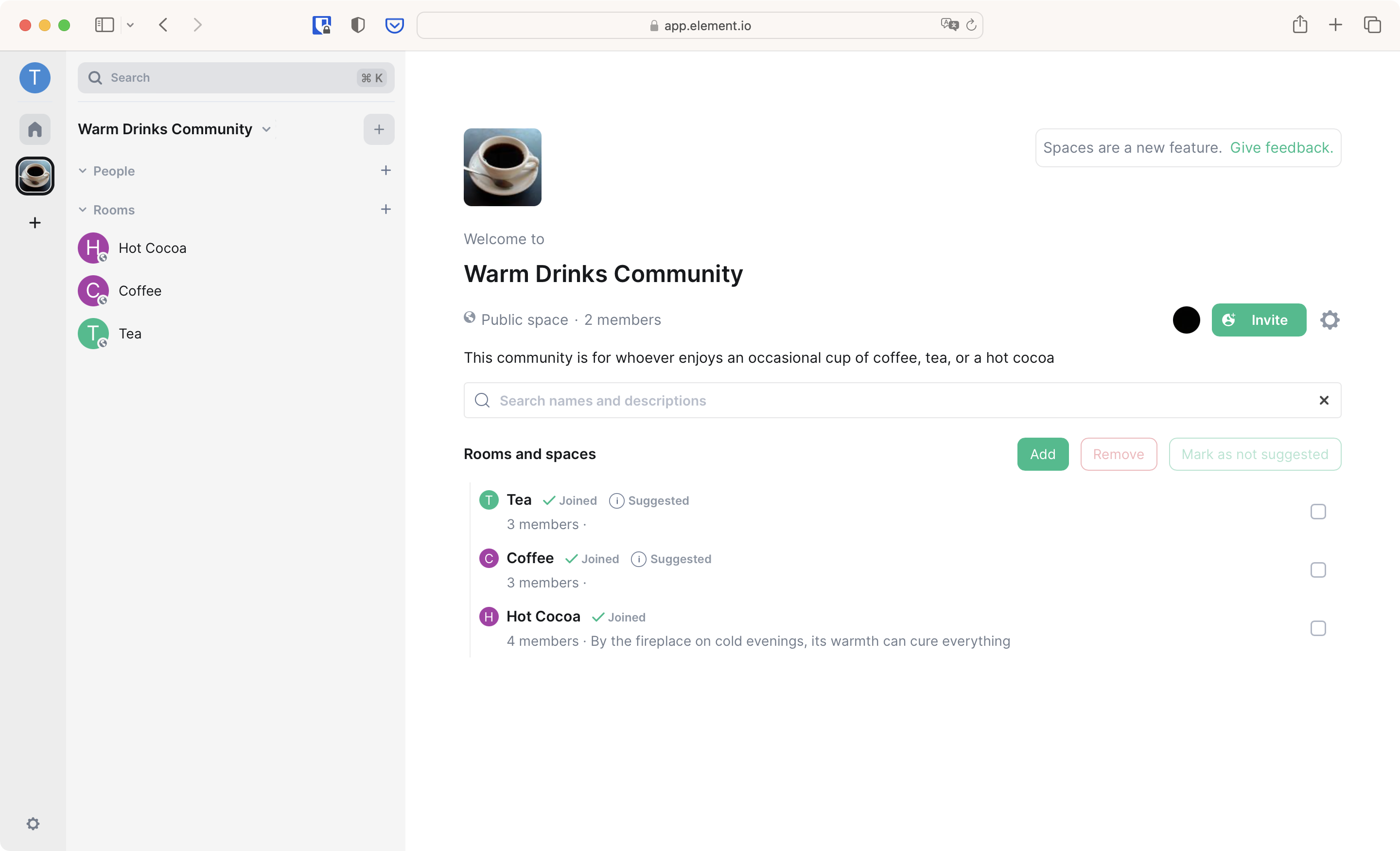The space home of the "Warm Drinks Community". It has a cup of coffee as avatar and the name and description are shown prominently next to further details: the space is public and has two members, there is a summary of the member avatars next to an invite and a settings button. In the middle is a search box to filter the list of rooms and subspaces below. Some of the rooms are indicated as suggested. At the top of the list are buttons to add, remove, or mark rooms as suggested.